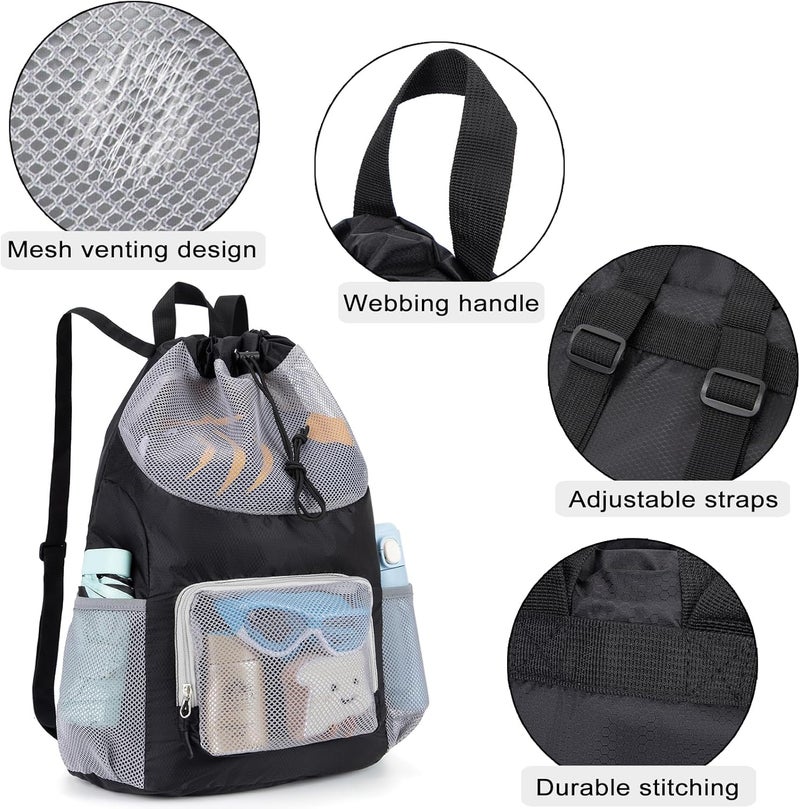 Veious Swim Bag for Kids Drawstring Backpack for Boys Lightweight Mesh Beach Backpack Swimming Pool Sports Gym String Bag Black - Image 5